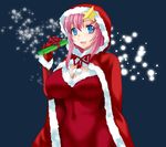  blue_eyes blush breasts cleavage covered_navel elbow_gloves fur_trim gift gloves gundam gundam_seed gundam_seed_destiny hair_ornament hood large_breasts long_hair looking_at_viewer meer_campbell open_mouth pink_hair red_gloves smile solo star star_hair_ornament tooru_jin upper_body 