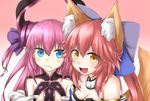  :3 :d animal_ears bangs bare_shoulders blue_bow blue_eyes blush bow breasts brown_hair choker cleavage detached_collar detached_sleeves elizabeth_bathory_(fate) elizabeth_bathory_(fate)_(all) eyebrows_visible_through_hair fang fang_out fate/extra fate/grand_order fate_(series) flat_chest fox_ears fox_tail frown gradient gradient_background hair_between_eyes hair_bow hair_ribbon horn_ribbon horns horokusa_(korai) japanese_clothes long_hair looking_at_another looking_at_viewer multiple_girls open_mouth pink_background pink_hair pointy_ears purple_ribbon ribbon small_breasts smile tail tamamo_(fate)_(all) tamamo_no_mae_(fate) two_side_up upper_body yellow_eyes 