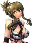  1girl amania_orz banpresto bare_shoulders breasts cleavage folded_ponytail green_hair kisaragi_chitose large_breasts long_hair navel necktie smile solo super_robot_wars super_robot_wars_v yellow_eyes 