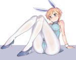  adapted_costume animal_ears arm_support armband ass bare_shoulders blonde_hair blue_eyes blush brave_witches breasts bunny_ears bunnysuit cameltoe closed_mouth collar full_body high_heels knees_up konnyaku_(kk-monmon) large_breasts nikka_edvardine_katajainen pantyhose shiny shiny_hair short_hair simple_background sitting smile solo white_background white_legwear world_witches_series 