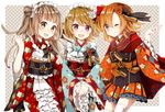  :d ;) bangs black_ribbon blue_eyes border bow brown_hair checkered checkered_background checkered_obi clenched_hand commentary_request flower frilled_kimono frills hair_bow hair_flower hair_ornament hair_ribbon hairpin hands_together haota_rinka highres japanese_clothes kanzashi kimono koizumi_hanayo kousaka_honoka lace lace-trimmed_kimono long_hair looking_at_viewer love_live! love_live!_school_idol_festival love_live!_school_idol_project maid_headdress minami_kotori multiple_girls obi one_eye_closed one_side_up open_mouth orange_hair outside_border printemps_(love_live!) purple_eyes red_bow ribbon sash short_hair smile striped striped_bow striped_ribbon tassel wa_maid white_border white_bow wide_sleeves yellow_eyes 