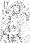  1girl armor bangs blush cagliostro_(granblue_fantasy) chaos_ruler_(granblue_fantasy) closed_eyes comic gran_(granblue_fantasy) granblue_fantasy greyscale hairband hand_on_own_cheek hand_up hood hood_up long_hair looking_at_viewer monochrome sidelocks spit_take spitting stifled_laugh tears throne yanagida_fumita 