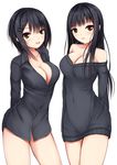  :d arms_behind_back bangs bare_shoulders black_hair black_shirt black_sweater blunt_bangs blush bottomless breasts buttons cleavage collarbone collared_shirt contrapposto covered_navel cowboy_shot dress dress_shirt eyebrows_visible_through_hair from_side groin hair_between_eyes hair_ornament hairclip highres hips kurokami_(kurokaminohito) large_breasts legs_apart legs_together long_hair long_sleeves looking_at_viewer multicolored multicolored_eyes multiple_girls naked_shirt naked_sweater no_bra off_shoulder open_mouth original parted_lips purple_eyes shirt short_hair sidelocks simple_background smile standing straight_hair sweater sweater_dress white_background x_hair_ornament yellow_eyes 