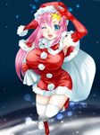  armpits blue_eyes blush breasts capelet commentary_request elbow_gloves full_body fur_trim gloves gundam gundam_seed gundam_seed_destiny hair_ornament hat large_breasts long_hair looking_at_viewer meer_campbell one_eye_closed open_mouth pink_hair red_gloves sack santa_hat smile solo star star_hair_ornament thighhighs tooru_jin 