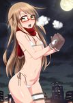  bikini breasts breath brown_eyes brown_hair burusuta flat_chest full_moon glasses highres kantai_collection long_hair micro_bikini mittens mochizuki_(kantai_collection) moon night night_sky open_mouth plaid plaid_scarf red-framed_eyewear red_scarf scarf sky small_breasts solo swimsuit thigh_strap 