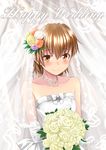  2017 artist_name blush bouquet bridal_veil brown_eyes brown_hair commentary_request dated dress elbow_gloves flower gloves hair_flower hair_ornament highres jewelry looking_at_viewer misaka_mikoto necklace okara rose satou_rina seiyuu_connection short_hair signature smile solo to_aru_kagaku_no_railgun to_aru_majutsu_no_index veil wedding_dress white_dress white_flower white_rose 