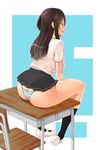  ass black_eyes black_hair black_legwear black_skirt blush bra breasts butt_crack chair commentary_request desk from_side full_body half_updo highres large_breasts long_hair microskirt panties parted_lips pleated_skirt profile sanagi_torajirou school_chair school_desk school_uniform see-through seiren shirt shoes short_sleeves sidelocks sitting skirt smile socks solo striped striped_panties thick_thighs thighs tsuneki_hikari underwear uwabaki white_footwear white_shirt 