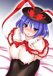  black_hat black_skirt blue_hair blush bow breast_hold breast_lift breasts breasts_outside capelet closed_mouth commentary_request cum cum_on_body cum_on_breasts cum_on_upper_body frills from_above gonzaburo hat hat_bow hat_ribbon large_breasts long_sleeves looking_at_viewer looking_up nagae_iku nipples nose_blush parted_lips red_bow red_eyes red_ribbon ribbon shirt_lift short_hair sitting skirt solo sweat touhou tsurime 