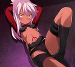  arms_behind_head blush boots breasts chloe_von_einzbern command_spell dark_skin fate/kaleid_liner_prisma_illya fate_(series) highres long_hair looking_at_viewer midriff navel pink_hair shimejinameko small_breasts solo yellow_eyes 