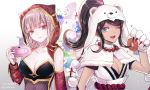 ;d animal_ears animal_hood asahina_aoi bangs bear_hood black_hair blunt_bangs breasts capelet cat_ears cat_hood cleavage collarbone danganronpa detached_sleeves doughnut eyebrows_visible_through_hair fake_animal_ears floating_hair food fur-trimmed_capelet fur_trim game_console gloves hair_ornament head_tilt high_ponytail holding holding_food hood jewelry long_sleeves looking_at_viewer medium_breasts multiple_girls nanami_chiaki necklace one_eye_closed open_mouth parted_bangs paw_gloves paws print_sleeves red_eyes red_hood red_sleeves short_hair sidelocks silver_hair smile strapless super_danganronpa_2 twitter_username upper_body white_background white_capelet white_gloves z-epto_(chat-noir86) 