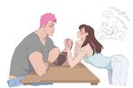  2girls arm_wrestling artist_name brown_hair casual d.va_(overwatch) english hubedihubbe_(artist) jewelry multiple_girls muscle nail_polish necklace overwatch pink_hair scar short_hair sitting sweatdrop table whisker_markings zarya_(overwatch) 