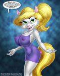  animaniacs anthro big_breasts blonde_hair breasts clothed clothing dialogue doug_winger female hair huge_breasts mammal mink mustelid nipples solo translucent warner_brothers 