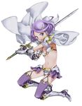  armor armored_boots bangs bikini_armor boots cape cure_sword dokidoki!_precure full_body garter_straps greaves hair_ornament kenzaki_makoto looking_at_viewer navel open_mouth precure purple_eyes purple_hair short_hair simple_background solo swept_bangs sword thighhighs weapon white_background wind wind_lift 