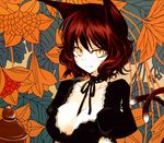  1girl animal_ears artist_request bow breasts brown_hair cat_ears cat_girl cat_tail cleavage collar dress fang female flower highres leaf multiple_tails original short_hair source_request tail wallpaper yellow_eyes 