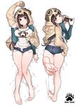  :&gt; animal_hood ass bangs bare_legs barefoot blunt_bangs breasts brown_hair cleavage clothes_writing controller dakimakura dualshock exposed_pocket feet full_body game_controller gamepad green_eyes highres hood kingtime lanmei large_breasts living_clothes long_hair long_sleeves looking_at_viewer looking_back multiple_views non-web_source open_fly original panties playstation_controller raglan_sleeves short_shorts shorts soles thigh_gap toes unbuttoned underwear unzipped white_panties 