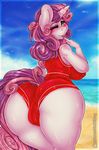  2017 absurd_res aged_up anthro anthrofied blush butt clothing digital_media_(artwork) dimwitdog equine female friendship_is_magic hair hi_res horn long_hair mammal multicolored_hair my_little_pony one_eye_closed outside patreon solo sweetie_belle_(mlp) swimsuit tagme two_tone_hair unicorn 