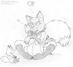  anthro barefoot belly canine female fluffy fluffy_tail fox fur hair holding_(disambiguation) kissing leokitsune mammal monochrome navel nude pregnant sketch young 