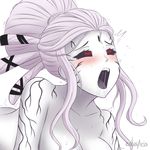  ahegao blush cslucaris doggy_style drooling female monochrome naughty_face nude rolling_eyes rwby salem_(rwby) sexually_suggestive simple_background solo spot_color sweat tongue tongue_out white_background 