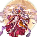  animal_ears bunny_ears dress fan full_body granblue_fantasy hair_ornament holding japanese_clothes kaguya_(granblue_fantasy) lavender_hair long_hair minaba_hideo moon official_art red_eyes sandals solo tabi transparent_background very_long_hair wide_sleeves 