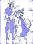  1girl blue commentary_request glasses height_chart height_conscious height_difference kamishirasawa_keine kujiraya long_hair monochrome morichika_rinnosuke outstretched_arm outstretched_hand tiptoes touhou very_long_hair 