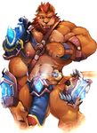  2014 abs anthro armlets armor balls beard belt biceps big_biceps big_muscles big_penis brown_fur brown_hair brown_nose claws clothed clothing cursedmarked ear_piercing erection facial_hair fangs feline fur hair hawtcherry hi_res huge_muscles huge_penis humanoid_penis lion loincloth looking_at_viewer male mammal muscular muscular_male nipples open_mouth pecs penis piercing pose simple_background solo standing teeth tongue tongue_out topless unconvincing_armor vein white_background 