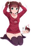  1girl :&gt; amami_haruka bangs black_legwear blunt_bangs blush breasts brown_hair bunching_hair chibi chibi_inset closed_mouth commentary_request eyebrows_visible_through_hair green_eyes hidebou idolmaster idolmaster_(classic) long_sleeves looking_at_viewer looking_away looking_up lying medium_breasts no_shoes nonowa nude off_shoulder on_back open_mouth panties pink_panties pom_pom_(clothes) red_sweater seiza short_hair sitting smile solo sweater thighhighs thighs two_side_up underwear 