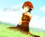  2013 boots cloud dated day dorothy_(fire_emblem) fire_emblem fire_emblem:_fuuin_no_tsurugi freckles grass orange_eyes orange_hair ouse_(otussger) short_hair sitting sky solo 