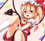  :o ascot baram blonde_hair blush commentary_request crystal flandre_scarlet frilled_skirt frills hat hat_ribbon laevatein_(tail) looking_at_viewer looking_away mob_cap open_mouth puffy_short_sleeves puffy_sleeves red_eyes red_ribbon red_skirt red_vest ribbon short_sleeves side_ponytail skirt socks solo tail teeth touhou v-shaped_eyebrows vest white_legwear wings 