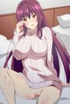  &gt;:) alternate_costume arm_support bangs blush body_blush bottomless breasts commentary_request fate/grand_order fate_(series) hair_between_eyes hera_(hara0742) highres impossible_clothes large_breasts long_hair long_sleeves looking_at_viewer naked_sweater no_pussy on_bed parted_lips purple_hair red_eyes ribbed_sweater scathach_(fate)_(all) scathach_(fate/grand_order) sidelocks sitting smile solo sweat sweater tsurime turtleneck turtleneck_sweater v-shaped_eyebrows very_long_hair 