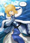  1girl ahoge armor armored_dress artoria_pendragon_(all) blonde_hair blue_cape blue_dress cape coat commentary disfigured dress fate/grand_order fate/stay_night fate_(series) fur-trimmed_cape fur_trim gauntlets green_eyes highres jamrolypoly parody quality saber sader solo speech_bubble spoken_ellipsis 