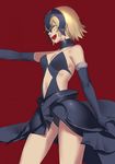  :d bare_shoulders black_gloves blonde_hair breasts cleavage elbow_gloves fate/grand_order fate_(series) gloves helmet highres hoojiro jeanne_d'arc_(alter)_(fate) jeanne_d'arc_(fate)_(all) medium_breasts navel open_mouth red_background short_hair simple_background smile solo teeth yellow_eyes 