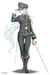  blue_eyes boots full_body hair_over_one_eye hat highres holding holding_sword holding_weapon left-handed long_hair military military_hat military_uniform necktie ponytail rapier rwby scabbard scar sheath solo soratobu_mame. sword uniform weapon weiss_schnee white_hair 