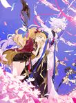  2girls black_hair blonde_hair crown ereshkigal_(fate/grand_order) fate/grand_order fate_(series) field flower flower_field heavenly_boat_maanna hood ishtar_(fate/grand_order) long_hair long_legs merlin_(fate) multiple_girls red_eyes robe silver_hair staff suou two_side_up 