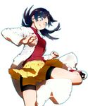  ass_visible_through_thighs bangs belly_peek bike_shorts black_hair blue_eyes blue_hair breasts clenched_hand clenched_teeth crystal_(pokemon) emje_(uncover) eyelashes labcoat leg_up long_sleeves looking_away medium_breasts miniskirt outline pleated_skirt pokemon pokemon_special shiny shiny_hair shoes shorts shorts_under_skirt skirt skirt_lift solo standing standing_on_one_leg teeth transparent_background turtleneck twintails upskirt yellow_shorts yellow_skirt 