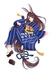  2017 absurdly_long_hair absurdres animal_ears artist_name bangs blue_kimono braid brown_hair bunny_ears bunny_girl closed_mouth commentary_request full_body hair_ornament hairclip happy_new_year highres japanese_clothes kimono kotoyoro long_hair looking_at_viewer low-tied_long_hair mole mole_under_eye new_year obi original purple_eyes sash shoes signature simple_background single_shoe smile solo striped striped_kimono twin_braids usamochi. vertical-striped_kimono vertical_stripes very_long_hair white_background 