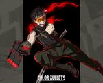  abekawa_kippei_(kamezaemon) belt black_hair boots color_bullets commentary_request facial_hair gloves goatee gun handgun highres holster jumping kamezaemon male_focus military military_uniform one_eye_closed open_mouth orange_goggles original pants solo uniform weapon 