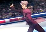  1boy artist_name black_gloves black_pants blurry blurry_background fingerless_gloves gloves grey_hair ice_skating jacket male_focus outstretched_hand pan_(pandora_requiem) pants see-through skating skating_rink smile solo sparkle viktor_nikiforov yuri!!!_on_ice 