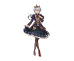  blue_hair brown_eyes crown detached_sleeves dress full_body granblue_fantasy high_heels jewelry juliet_sleeves long_hair long_sleeves looking_at_viewer minaba_hideo official_art orchis pantyhose puffy_sleeves skirt_hold smile solo standing transparent_background 