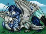  2012 blue_hair breasts day digital_media_(artwork) dragon duo eastern_dragon eyes_closed female grass hair hug membranous_wings natoli nipples outside scalie sky smile western_dragon white_hair wings 