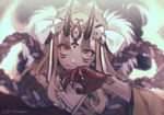  blonde_hair blood blurry claws closed_mouth coin copyright_name depth_of_field facepaint facial_mark fang fang_out fate/grand_order fate_(series) forehead_mark grin hair_ornament horns ibaraki_douji_(fate/grand_order) injury japanese_clothes kimono light_particles long_hair looking_at_viewer nosebleed off_shoulder oni oni_horns palms rope slit_pupils smile solo twitter_username upper_body veryberry00 wide_sleeves wiping_nose yellow_eyes 