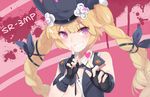  blonde_hair character_name ck_(26982497) fingerless_gloves girls_frontline gloves hat highres index_finger_raised koi_dance long_hair looking_at_viewer parody purple_eyes solo sr-3mp_(girls_frontline) twintails 