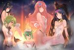  4girls animal_ears ass bandages bare_shoulders bird black_hair breasts character_request chicken covering covering_breasts falkyrie_no_monshou green_eyes green_hair hair_ornament hair_over_one_eye highres horn kagetomo_midori medium_breasts multiple_girls new_year night night_sky onsen pink_hair pointy_ears red_eyes rooster sitting sky small_breasts towel towel_on_head yellow_eyes 
