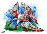  2012 avian bird feathered_wings feathers gryphon natoli red_eyes red_feathers sitting smile stork traditional_media_(artwork) watermark white_feathers wings 