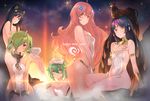  animal_ears ass back bare_shoulders belt bird black_hair bracelet breasts chain chicken collar falkyrie_no_monshou green_eyes green_hair hair_ornament hair_over_one_eye highres horn jewelry kagetomo_midori long_hair looking_at_viewer medium_breasts multiple_girls onsen pink_hair pointy_ears purple_eyes red_eyes sideboob sitting small_breasts smile towel twintails yellow_eyes 