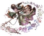  blue_eyes detached_sleeves dress flower full_body gem granblue_fantasy hat high_heels holding jewelry lennah minaba_hideo official_art open_mouth petals purple_hair solo staff tiara transparent_background wide_sleeves witch_hat 
