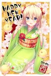  2017 :d bangs bird blonde_hair blue_eyes blush bow camellia checkered checkered_background chick chinese_zodiac commentary_request double_bun double_v eyebrows_visible_through_hair floral_background floral_print flower furisode green_kimono hair_between_eyes hair_bow hands_up happy_new_year highres hio_(hiohio0306) japanese_clothes japanese_flag kimono looking_at_viewer md5_mismatch nengajou new_year obi open_mouth original red_bow red_flower sash seiza short_hair sitting smile solo v year_of_the_rooster 