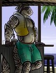  2017 anthro arm_fin beach bgn big_tail black_eyes black_skin black_tail blake_evans blue_sky clothed clothing day detailed_background digital_media_(artwork) fin fish front_view green_bottomwear green_clothing head_fin hi_res leaning leaning_back long_tail looking_at_viewer male marine multicolored_tail navel outside palm_tree portrait sea seaside shark signature sky smile solo stool striped_skin striped_tail stripes swimming_trunks swimsuit tail_fin tan_skin thick_tail three-quarter_portrait tree two_tone_tail vest water white_skin white_stripes white_tail yellow_clothing yellow_topwear 