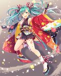  aqua_eyes aqua_hair hatsune_miku japanese_clothes kimono kimono_skirt long_hair looking_at_viewer open_mouth sakou_mochi solo tabi twintails vocaloid 