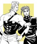  abs closed_eyes earrings gakuran grin hage_tashuumi hand_on_hip highres jean_pierre_polnareff jewelry jojo_no_kimyou_na_bouken kakyouin_noriaki locked_arms male_focus multiple_boys muscle school_uniform smile stardust_crusaders sweatdrop wristband 