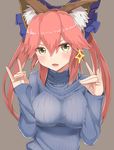  alternate_costume animal_ears bad_id bad_pixiv_id bow breasts brown_background brown_eyes casual commentary_request contemporary fang fangs fate/extra fate/grand_order fate_(series) fox_ears fox_shadow_puppet hair_between_eyes hair_bow hands_up highres large_breasts long_hair open_mouth orange_hair ribbed_sweater sleeves_past_wrists solo sparkle sweater takamiya_nao tamamo_(fate)_(all) tamamo_no_mae_(fate) translation_request turtleneck turtleneck_sweater twintails 